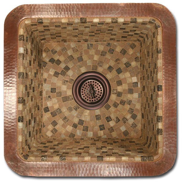 Linkasink Bar Sinks - Copper - V008 Square Copper & Mosaic Tile Sink 16 x 16 x 8 - 1.5 to 3.5" drain Linkasink Bar Sinks - Copper - V008 Square Copper & Mosaic Tile Sink 16 x 16 x 8 - 1.5 to 3.5" drain